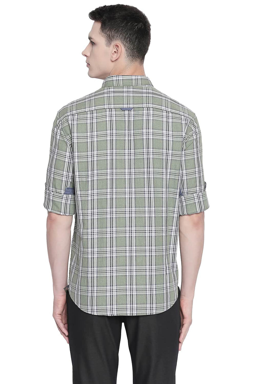 BASICS SLIM FIT MISTLETOE GREEN MELANGE CHECKS SHIRT