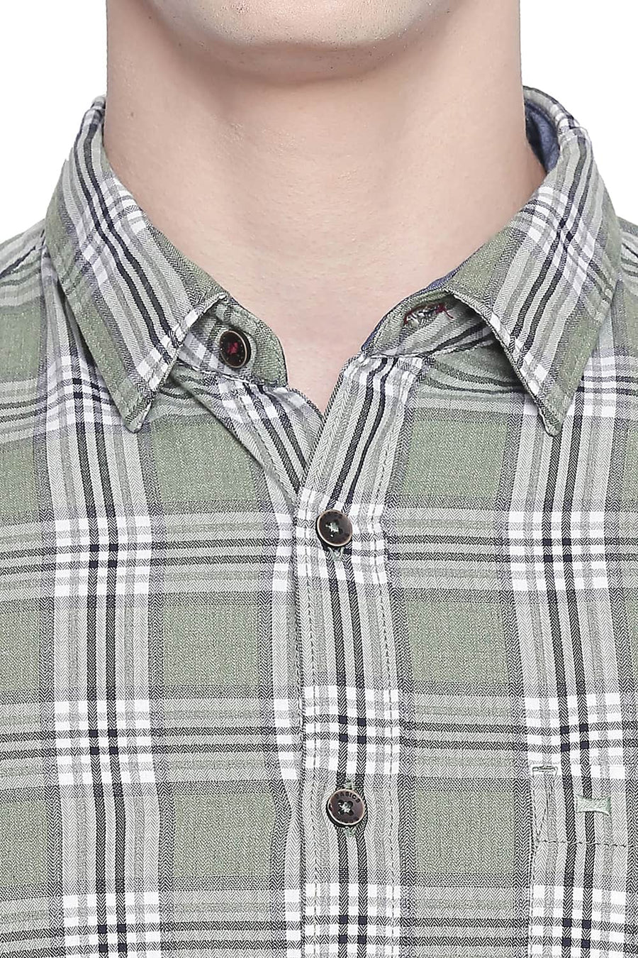 BASICS SLIM FIT MISTLETOE GREEN MELANGE CHECKS SHIRT