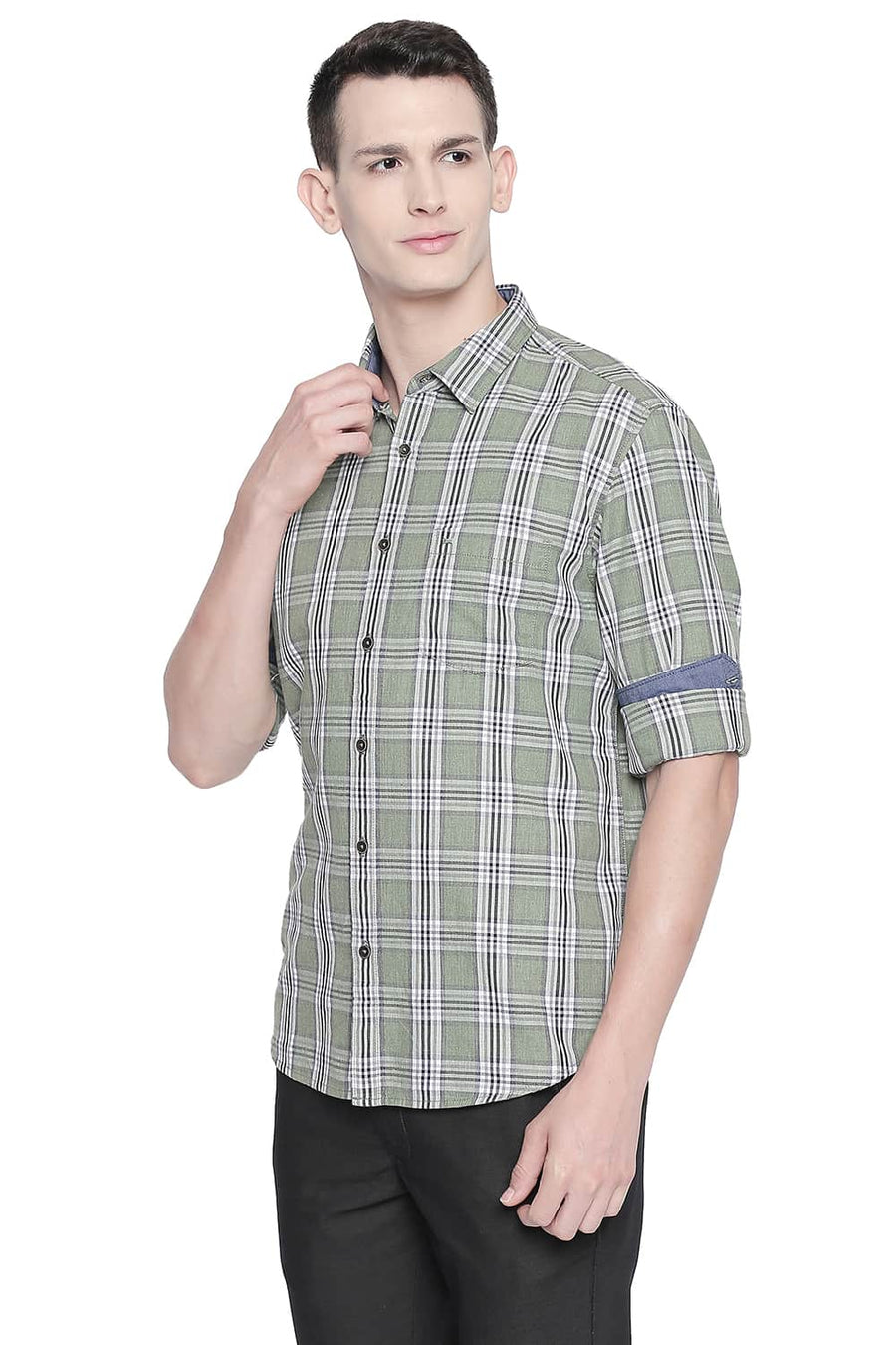 BASICS SLIM FIT MISTLETOE GREEN MELANGE CHECKS SHIRT