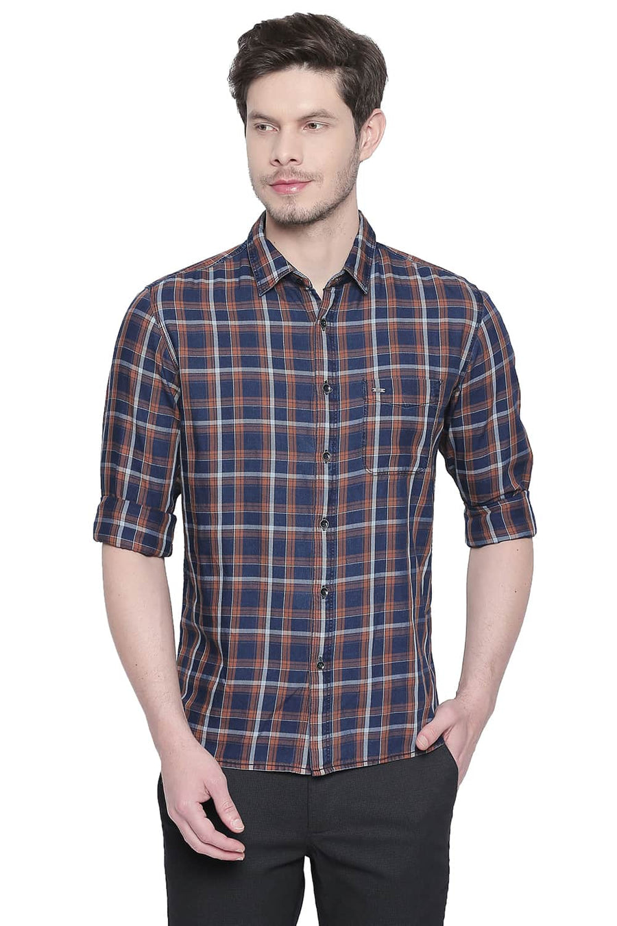 BASICS SLIM FIT BRAN BROWN CHECKS SHIRT