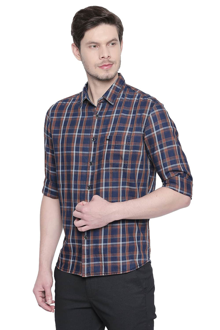 BASICS SLIM FIT BRAN BROWN CHECKS SHIRT