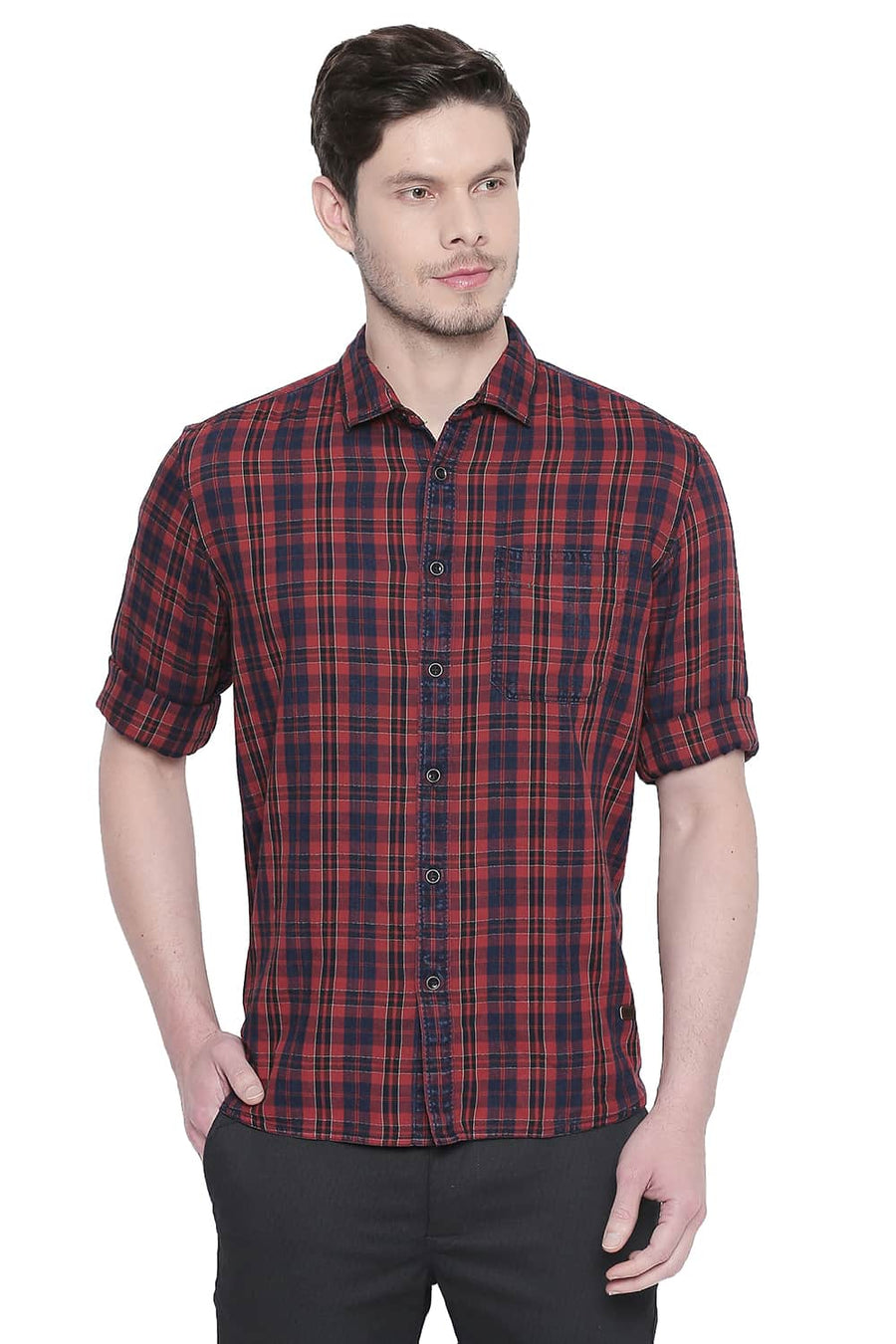 BASICS SLIM FIT MOLTEN LAVA INDIGO CHECKS SHIRT