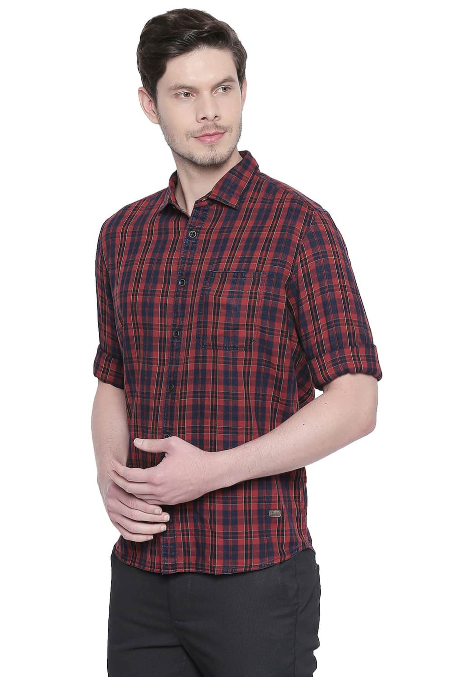 BASICS SLIM FIT MOLTEN LAVA INDIGO CHECKS SHIRT