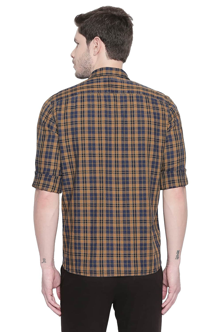 BASICS SLIM FIT WOOD KHAKI INDIGO CHECKS SHIRT