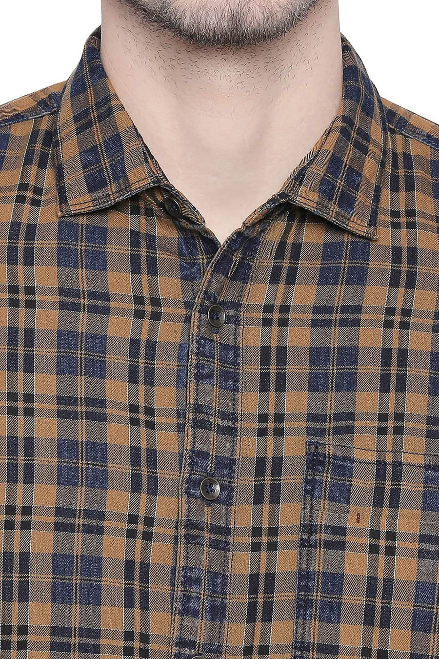 BASICS SLIM FIT WOOD KHAKI INDIGO CHECKS SHIRT