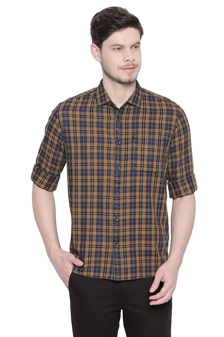 BASICS SLIM FIT WOOD KHAKI INDIGO CHECKS SHIRT