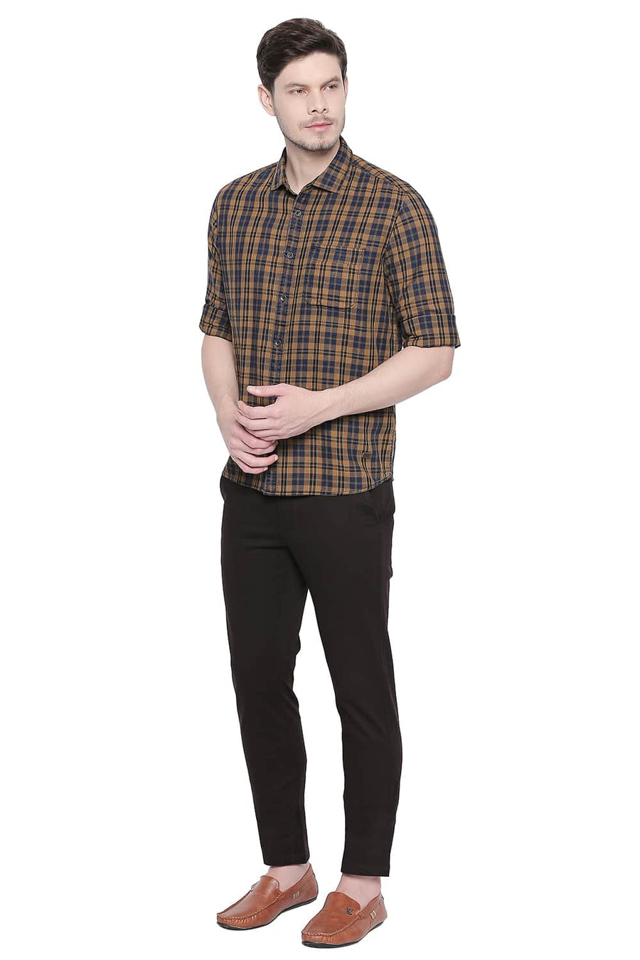 BASICS SLIM FIT WOOD KHAKI INDIGO CHECKS SHIRT