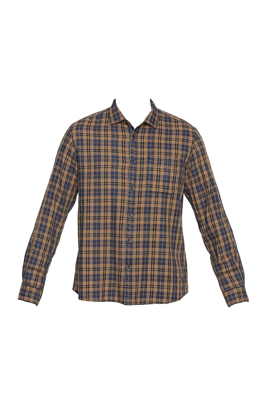 BASICS SLIM FIT WOOD KHAKI INDIGO CHECKS SHIRT