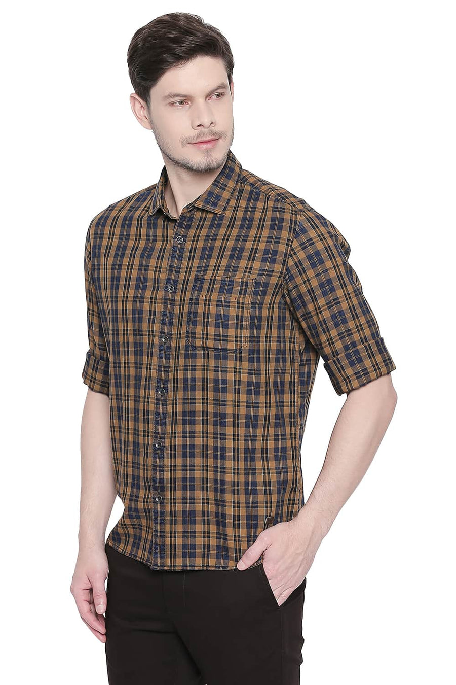 BASICS SLIM FIT WOOD KHAKI INDIGO CHECKS SHIRT