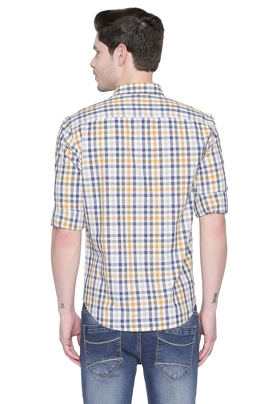 BASICS SLIM FIT OCHRE YELLOW CHECKS SHIRT