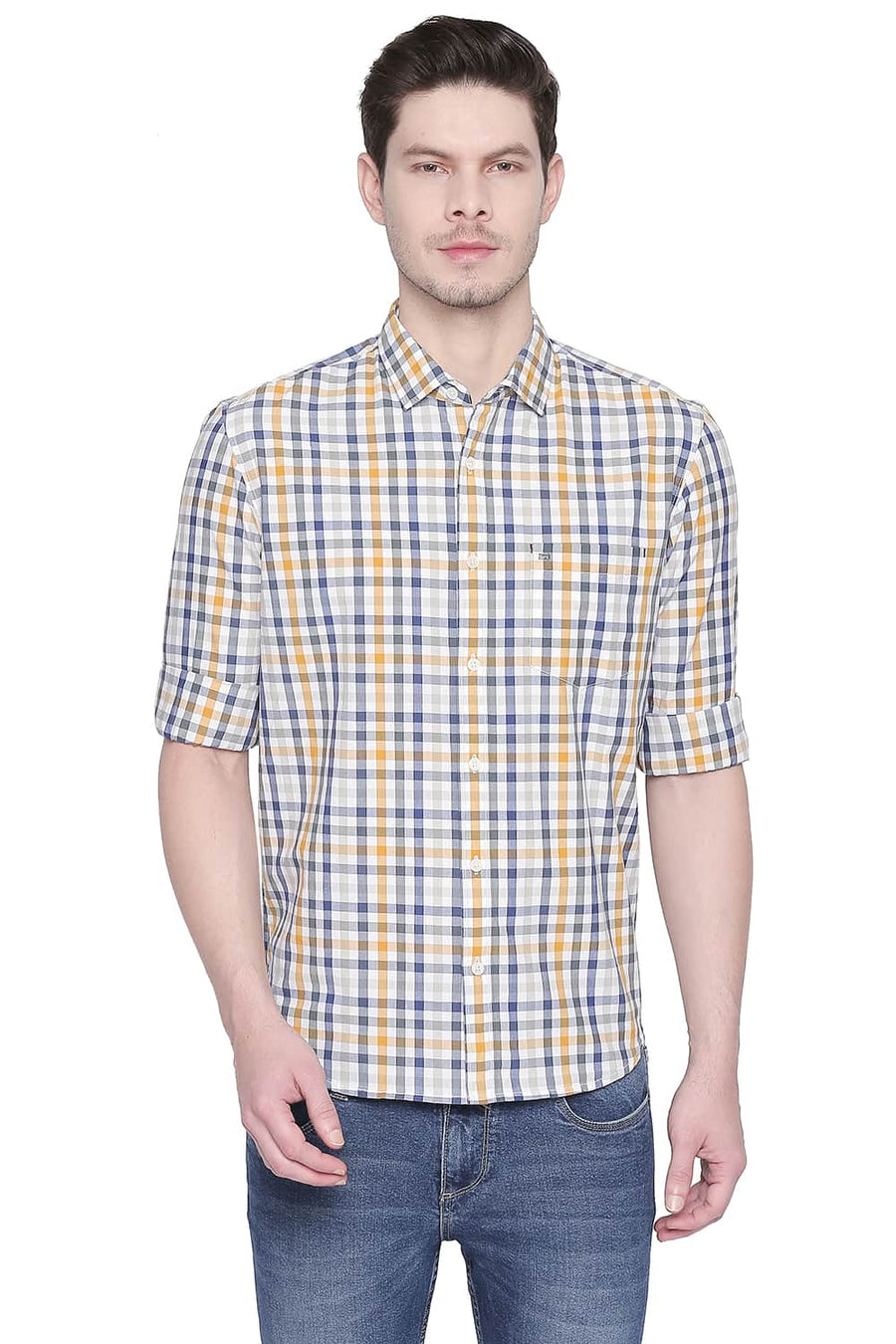 BASICS SLIM FIT OCHRE YELLOW CHECKS SHIRT