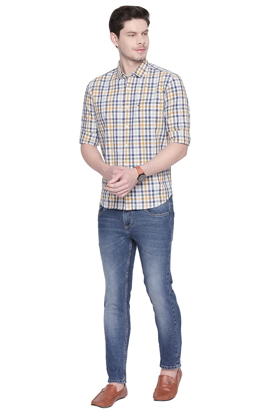 BASICS SLIM FIT OCHRE YELLOW CHECKS SHIRT