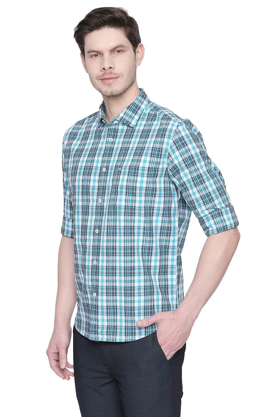 BASICS SLIM FIT TURQUOISE BREEZE CHECKS SHIRT