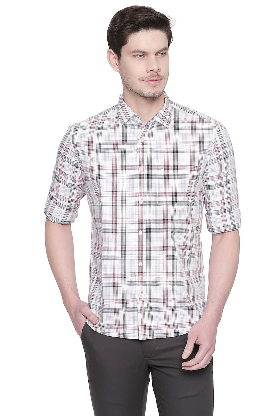 BASICS SLIM FIT AMERICAN RED CHECKS SHIRT