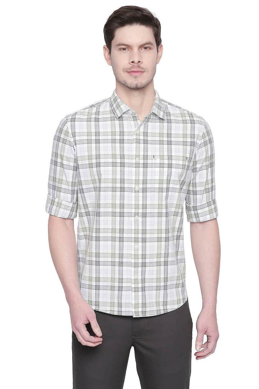 BASICS SLIM FIT GREEN TEX CHECKS SHIRT