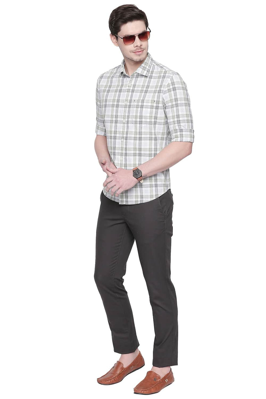 BASICS SLIM FIT GREEN TEX CHECKS SHIRT