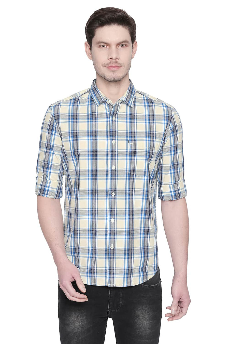 BASICS SLIM FIT LEMON YELLOW CHECKS SHIRT