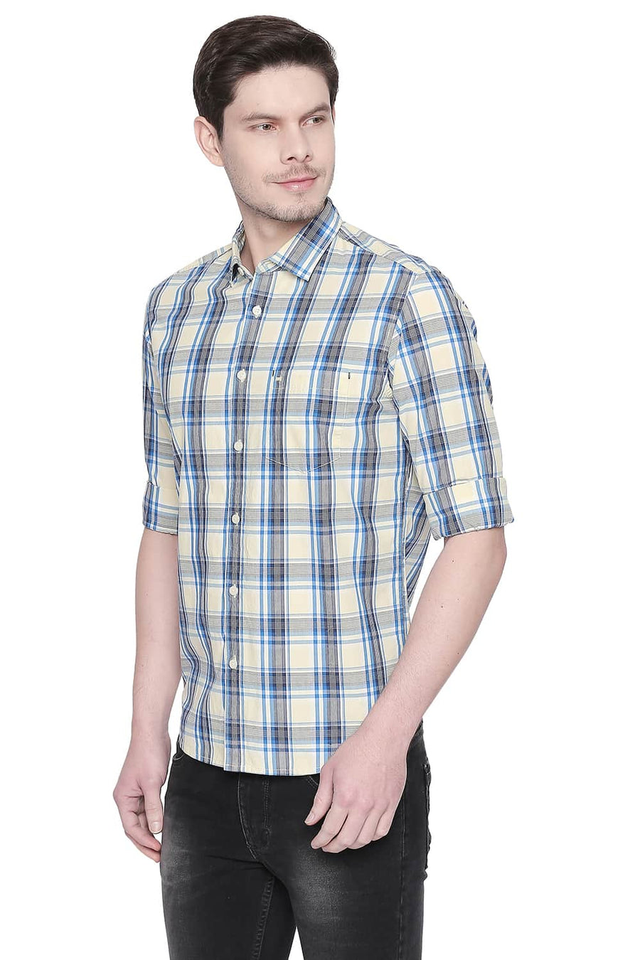 BASICS SLIM FIT LEMON YELLOW CHECKS SHIRT