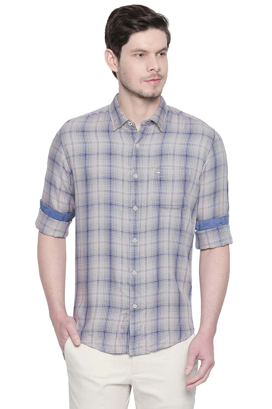 BASICS SLIM FIT SEMOLINA KHAKI MODAL CHECKS SHIRT