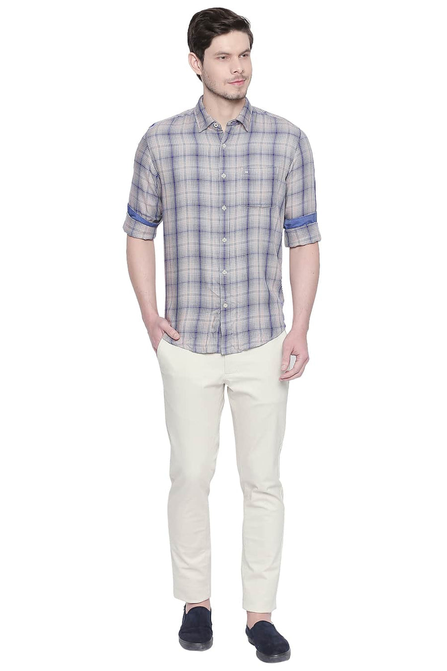 BASICS SLIM FIT SEMOLINA KHAKI MODAL CHECKS SHIRT