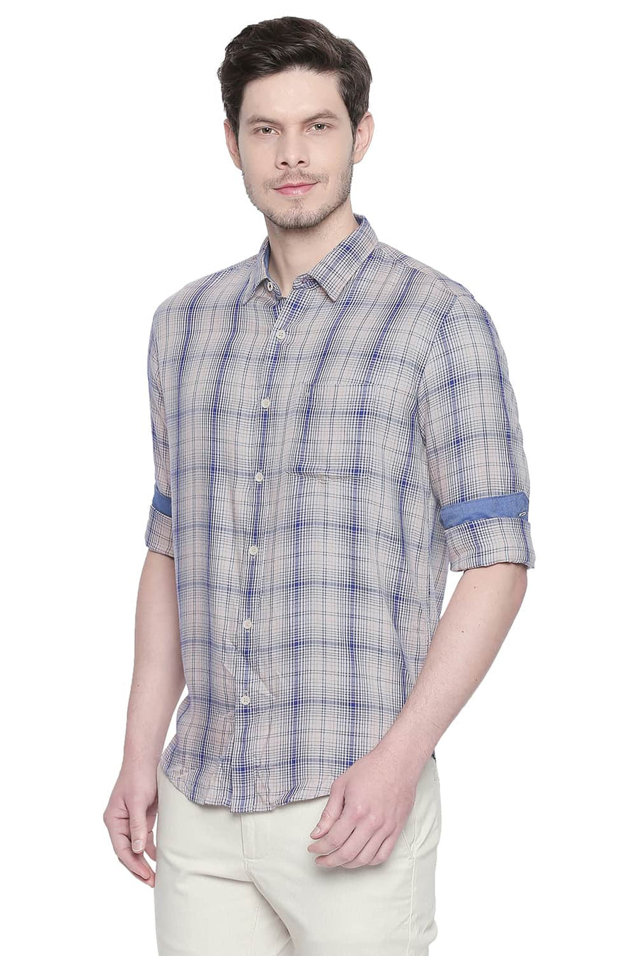 BASICS SLIM FIT SEMOLINA KHAKI MODAL CHECKS SHIRT