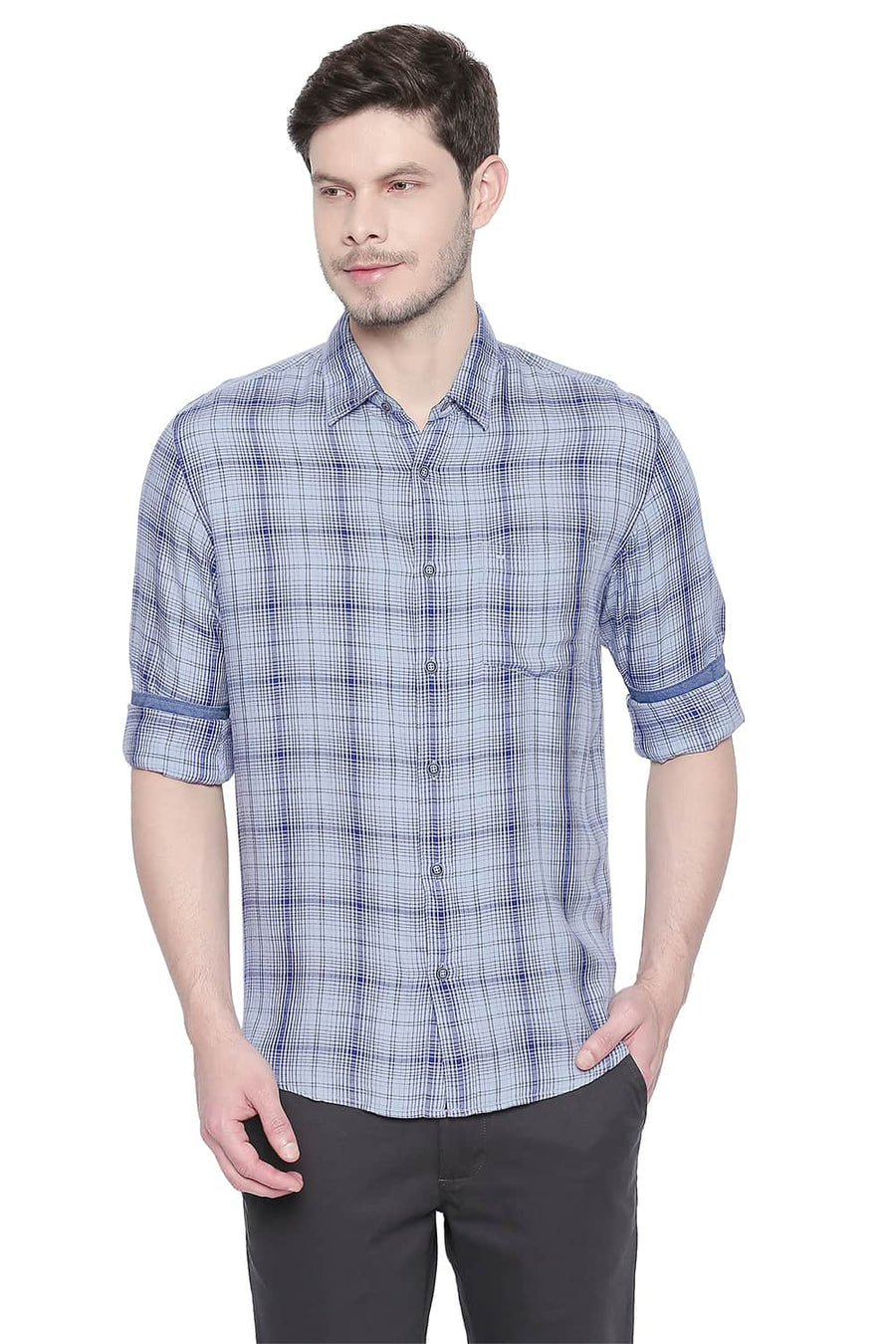 BASICS SLIM FIT DUSTY BLUE MODAL CHECKS SHIRT