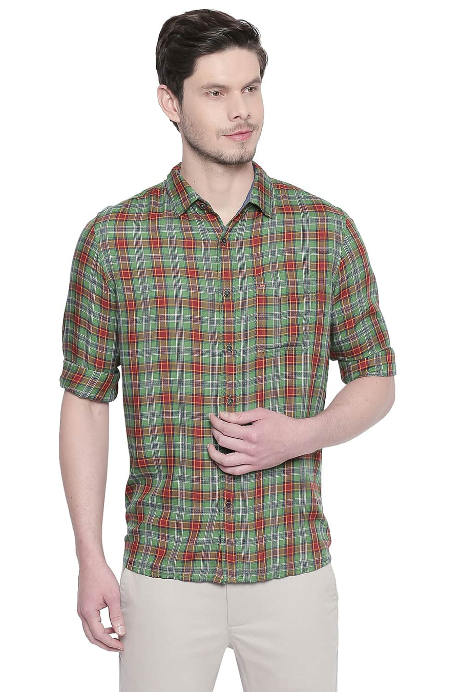 BASICS SLIM FIT SHAMROCK GREEN MODAL CHECKS SHIRT