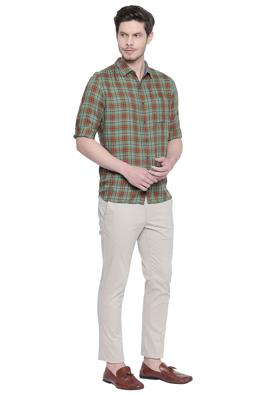 BASICS SLIM FIT SHAMROCK GREEN MODAL CHECKS SHIRT