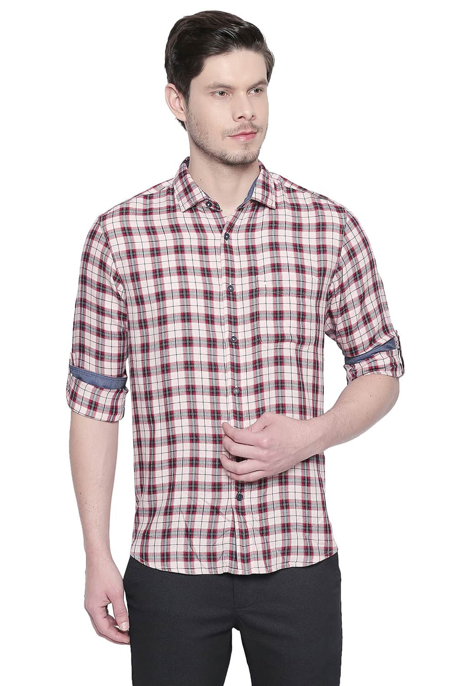 BASICS SLIM FIT ROSE QUARTZ MODAL CHECKS SHIRT