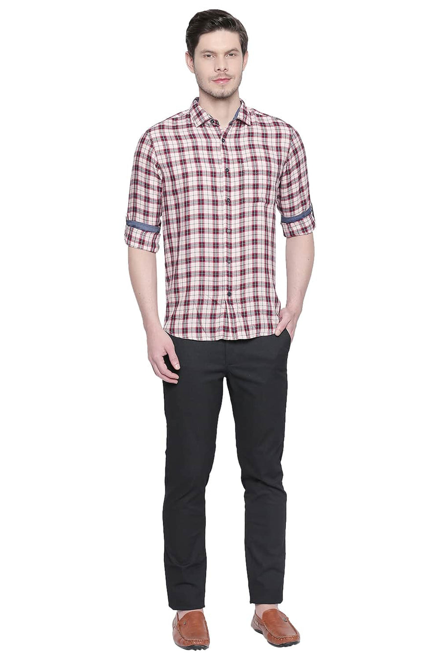 BASICS SLIM FIT ROSE QUARTZ MODAL CHECKS SHIRT