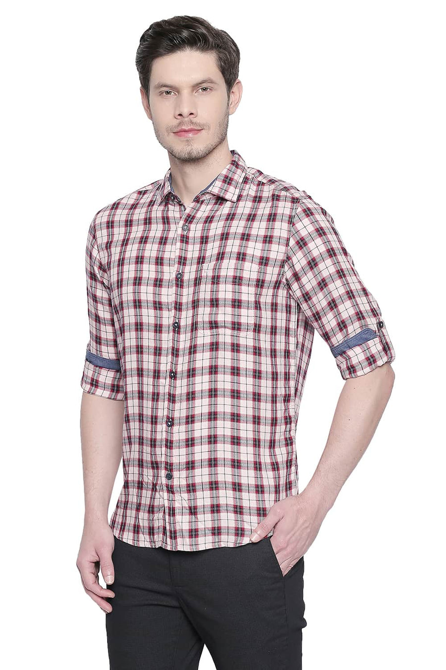BASICS SLIM FIT ROSE QUARTZ MODAL CHECKS SHIRT