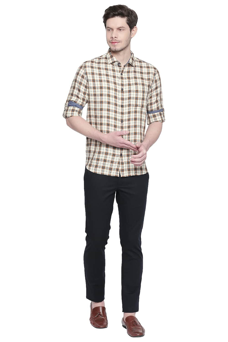 BASICS SLIM FIT ANISE YELLOW MODAL CHECKS SHIRT