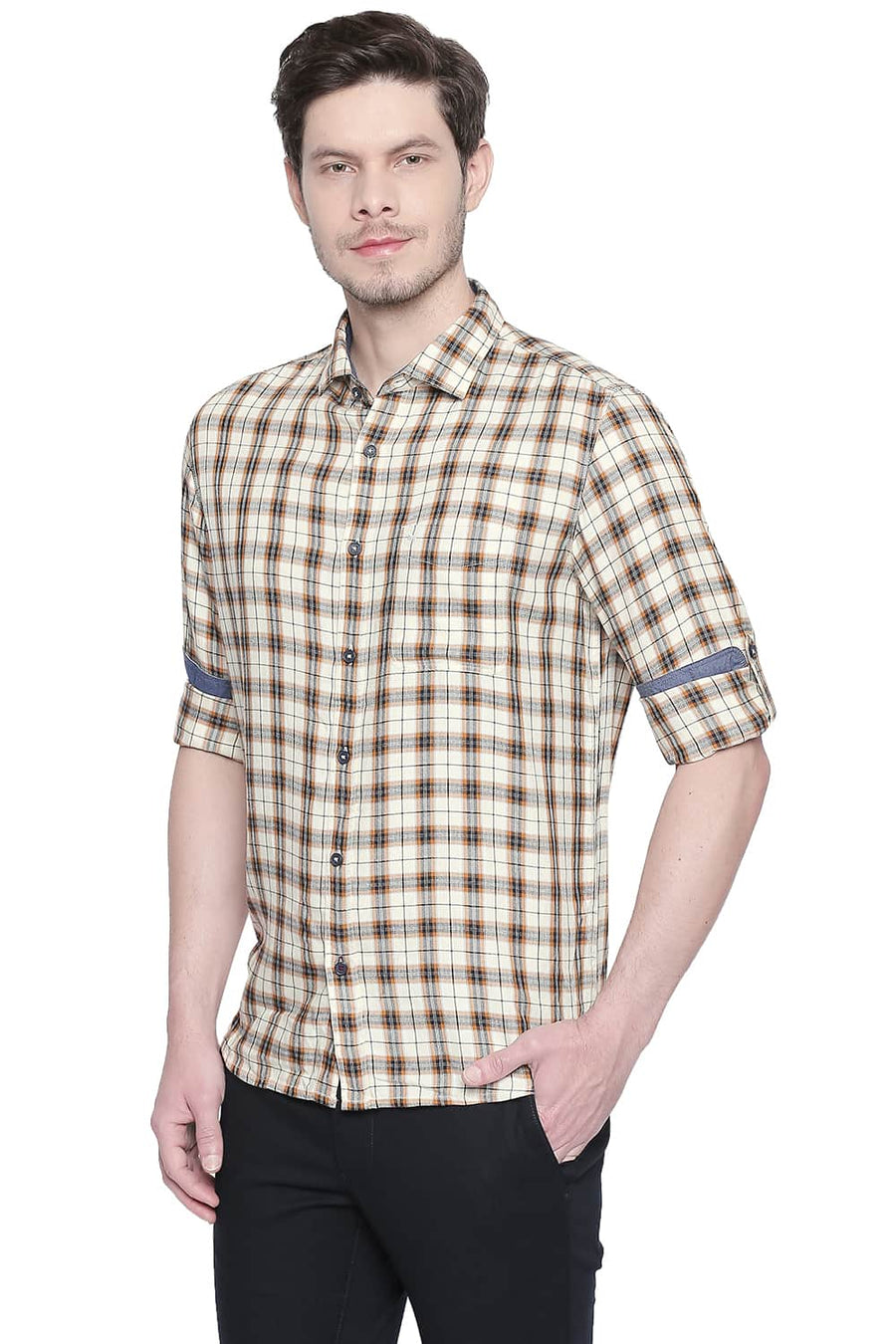 BASICS SLIM FIT ANISE YELLOW MODAL CHECKS SHIRT