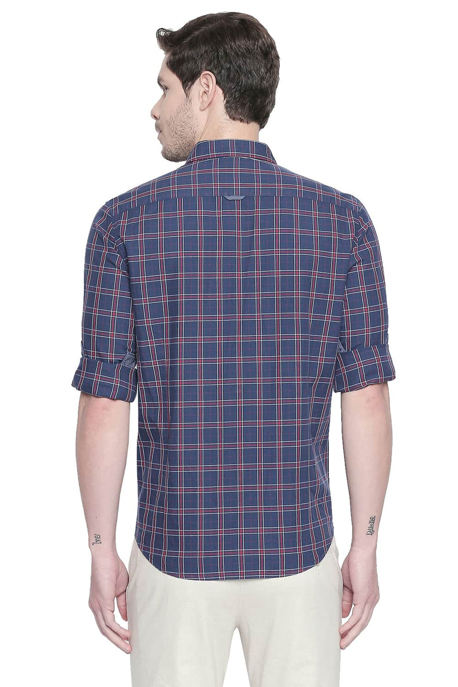 BASICS SLIM FIT POSEIDON NAVY TWILL CHECKS SHIRT