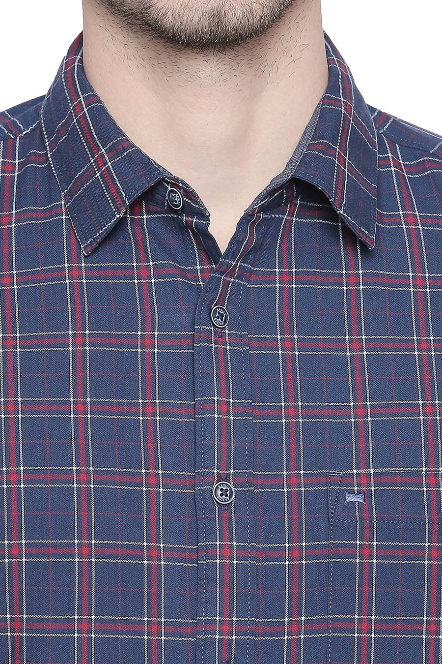 BASICS SLIM FIT POSEIDON NAVY TWILL CHECKS SHIRT