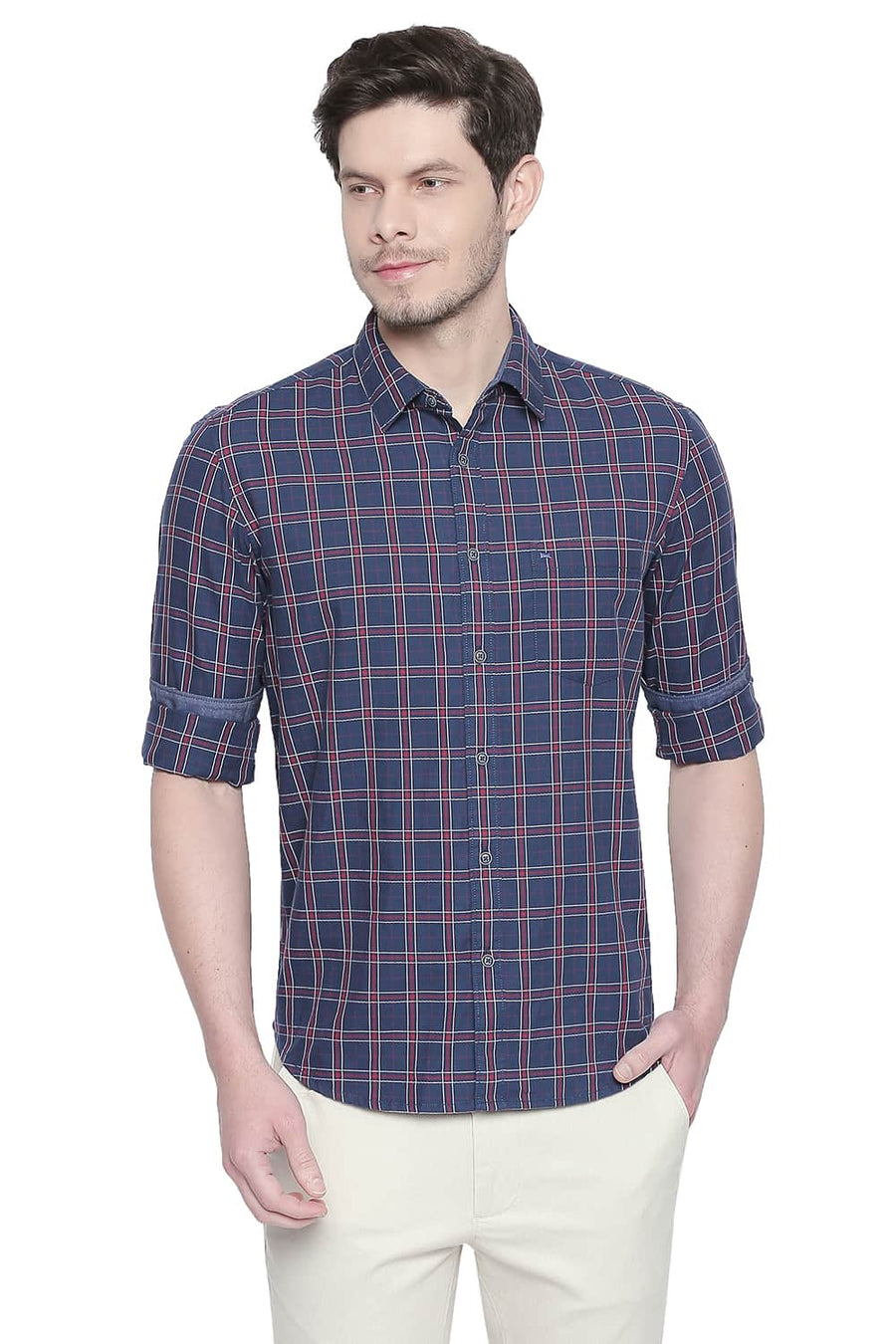 BASICS SLIM FIT POSEIDON NAVY TWILL CHECKS SHIRT