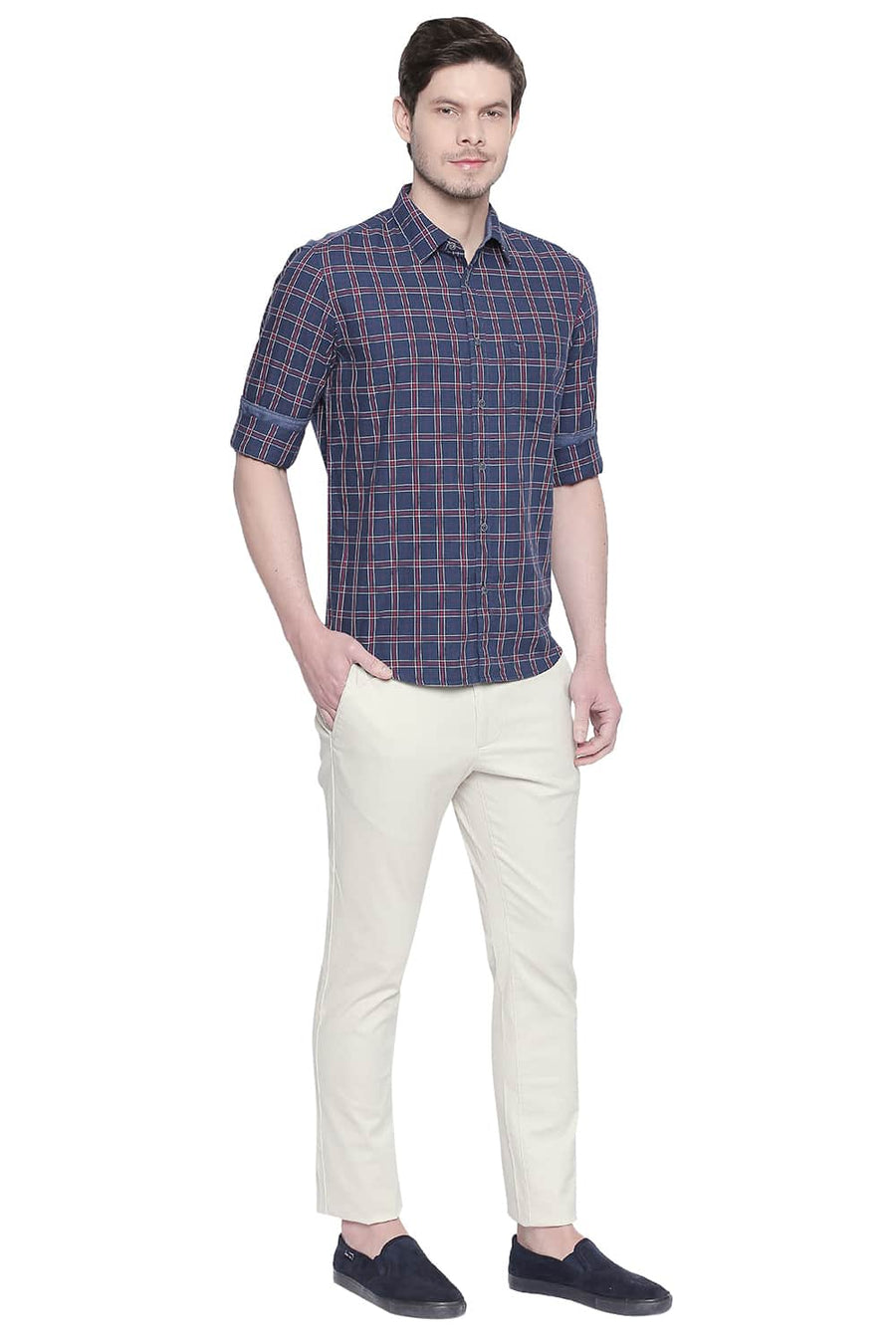 BASICS SLIM FIT POSEIDON NAVY TWILL CHECKS SHIRT