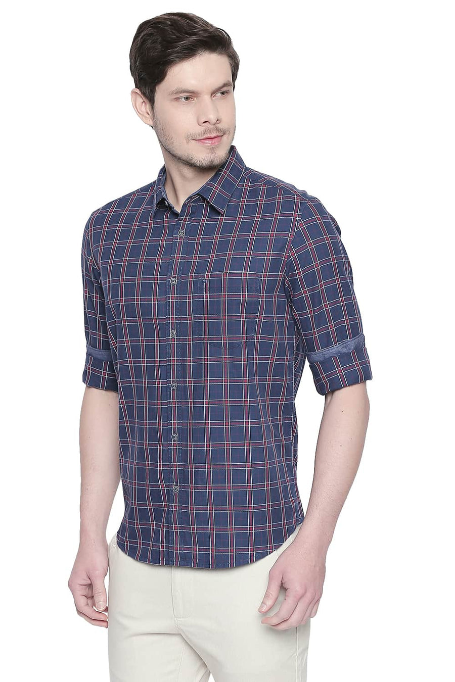 BASICS SLIM FIT POSEIDON NAVY TWILL CHECKS SHIRT