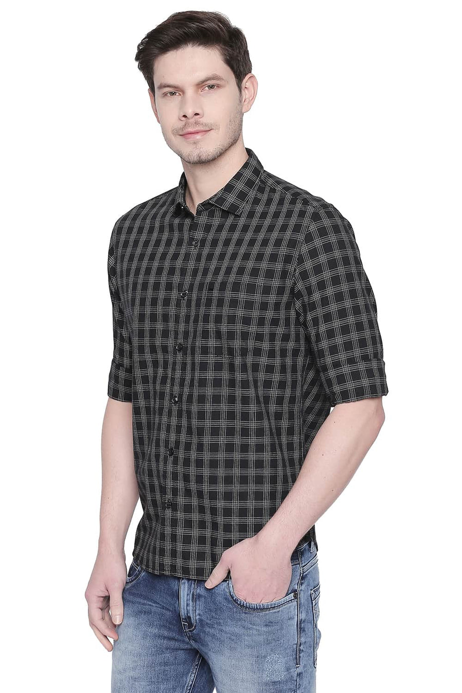 BASICS SLIM FIT PHANTOM BLACK TWILL CHECKS SHIRT