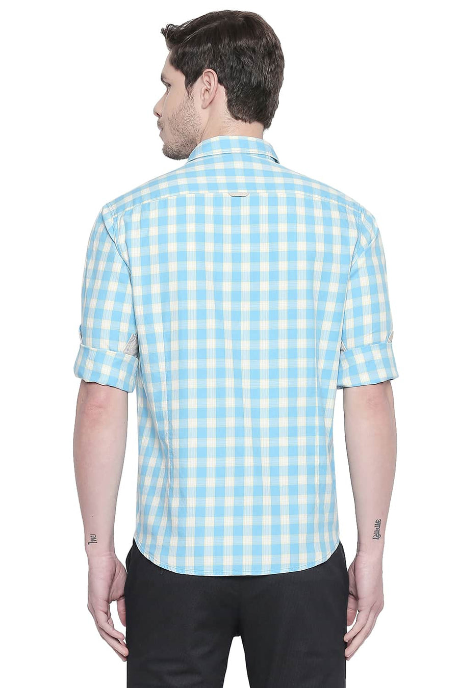 BASICS SLIM FIT BLUE GROTTO TWILL CHECKS SHIRT
