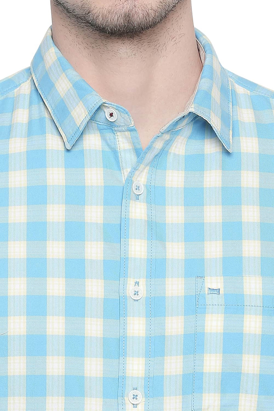 BASICS SLIM FIT BLUE GROTTO TWILL CHECKS SHIRT