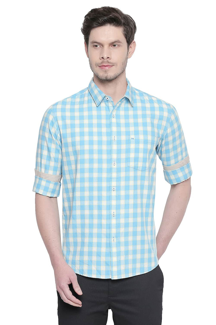 BASICS SLIM FIT BLUE GROTTO TWILL CHECKS SHIRT