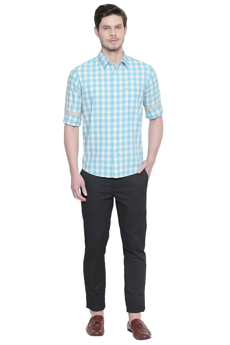 BASICS SLIM FIT BLUE GROTTO TWILL CHECKS SHIRT