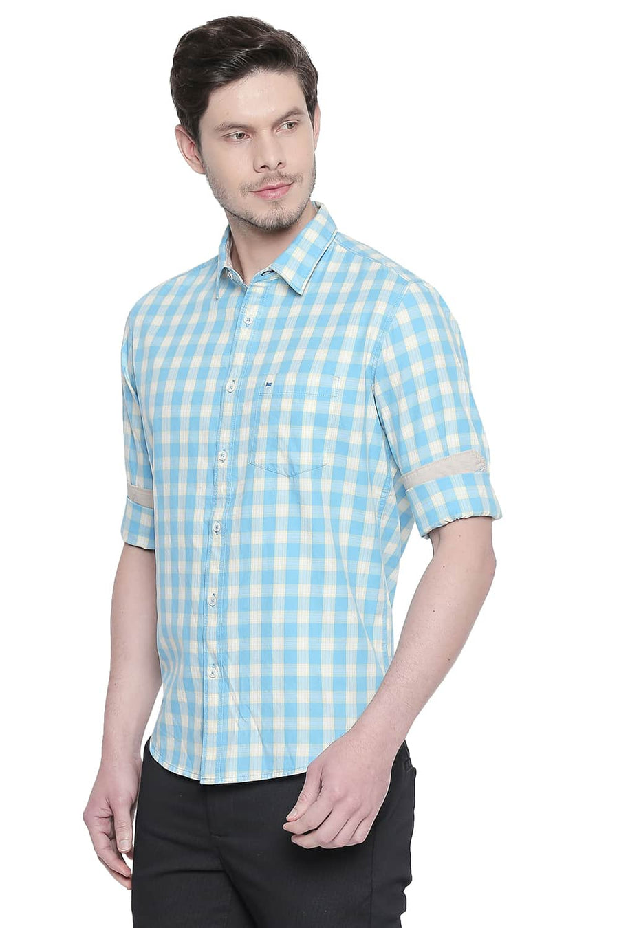 BASICS SLIM FIT BLUE GROTTO TWILL CHECKS SHIRT