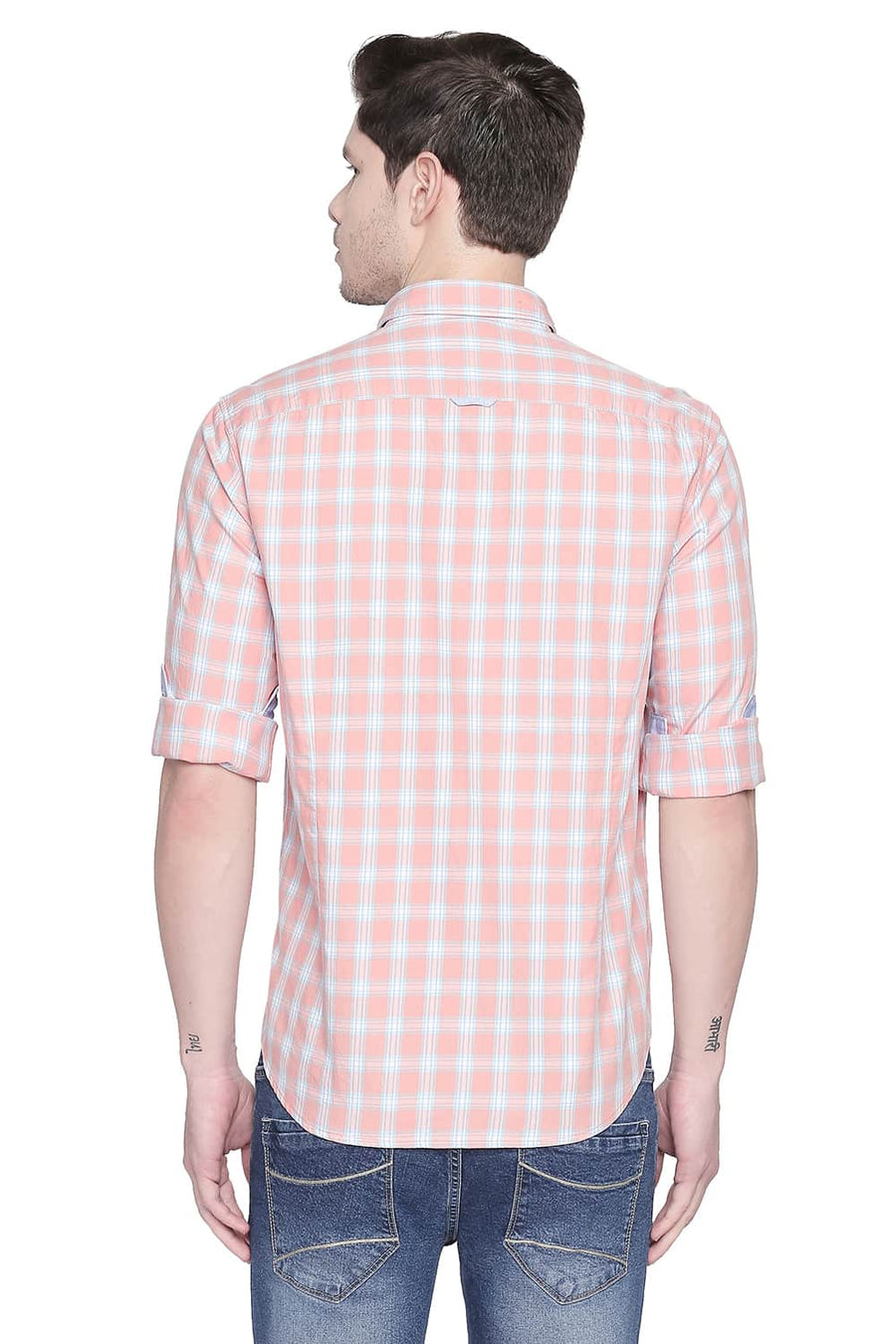 BASICS SLIM FIT APRICOT ORANGE TWILL CHECKS SHIRT