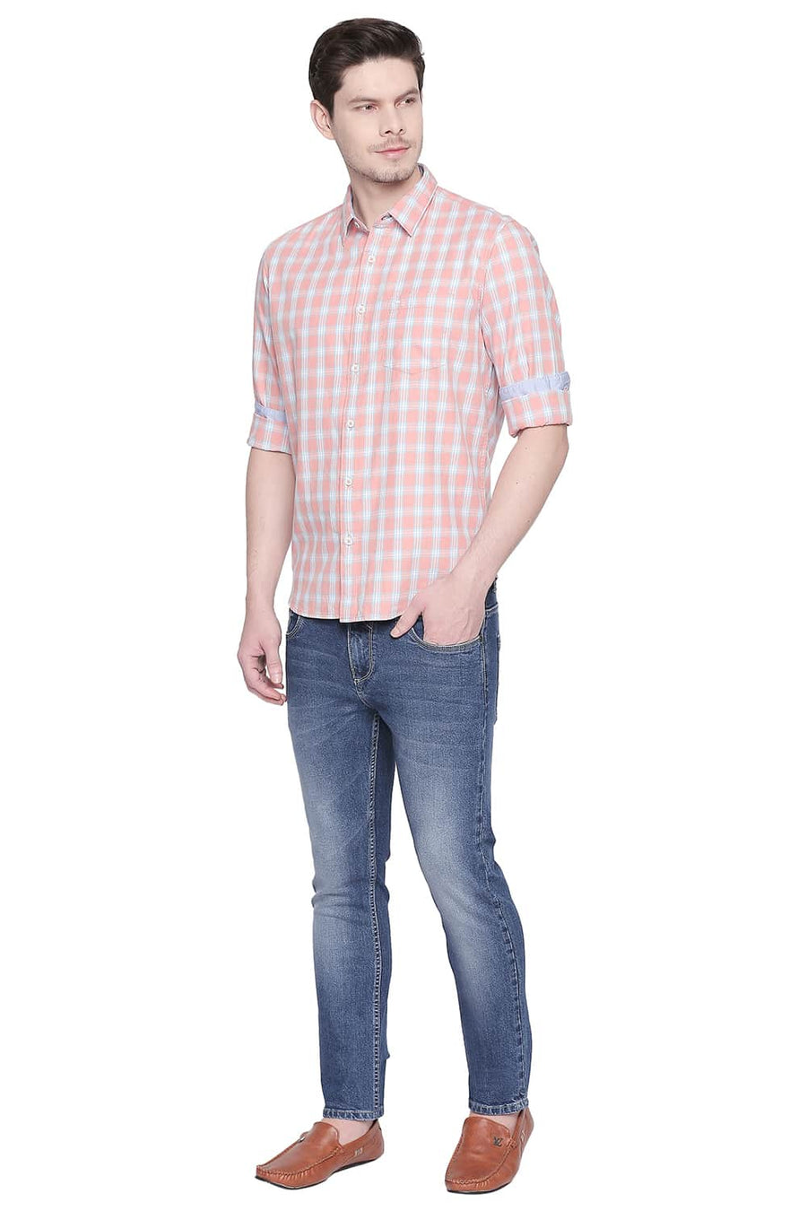 BASICS SLIM FIT APRICOT ORANGE TWILL CHECKS SHIRT
