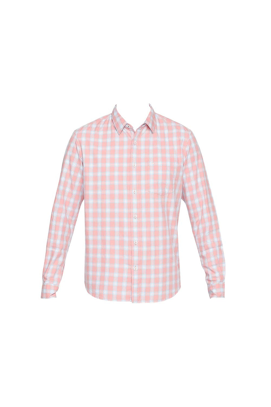 BASICS SLIM FIT APRICOT ORANGE TWILL CHECKS SHIRT