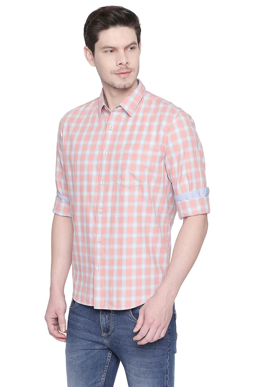 BASICS SLIM FIT APRICOT ORANGE TWILL CHECKS SHIRT