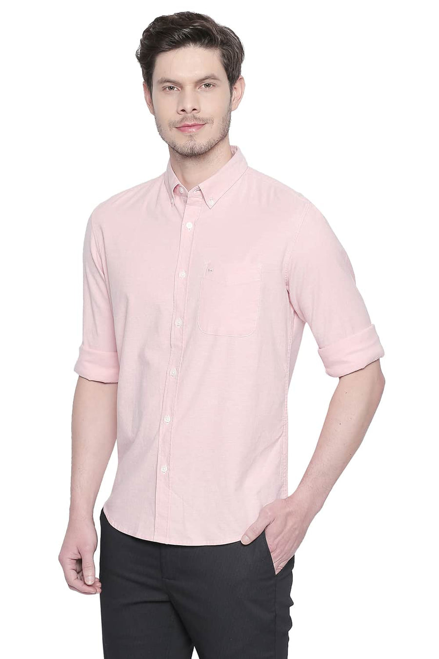 BASICS SLIM FIT CLOUD PINK OXFORD STRETCH SHIRT