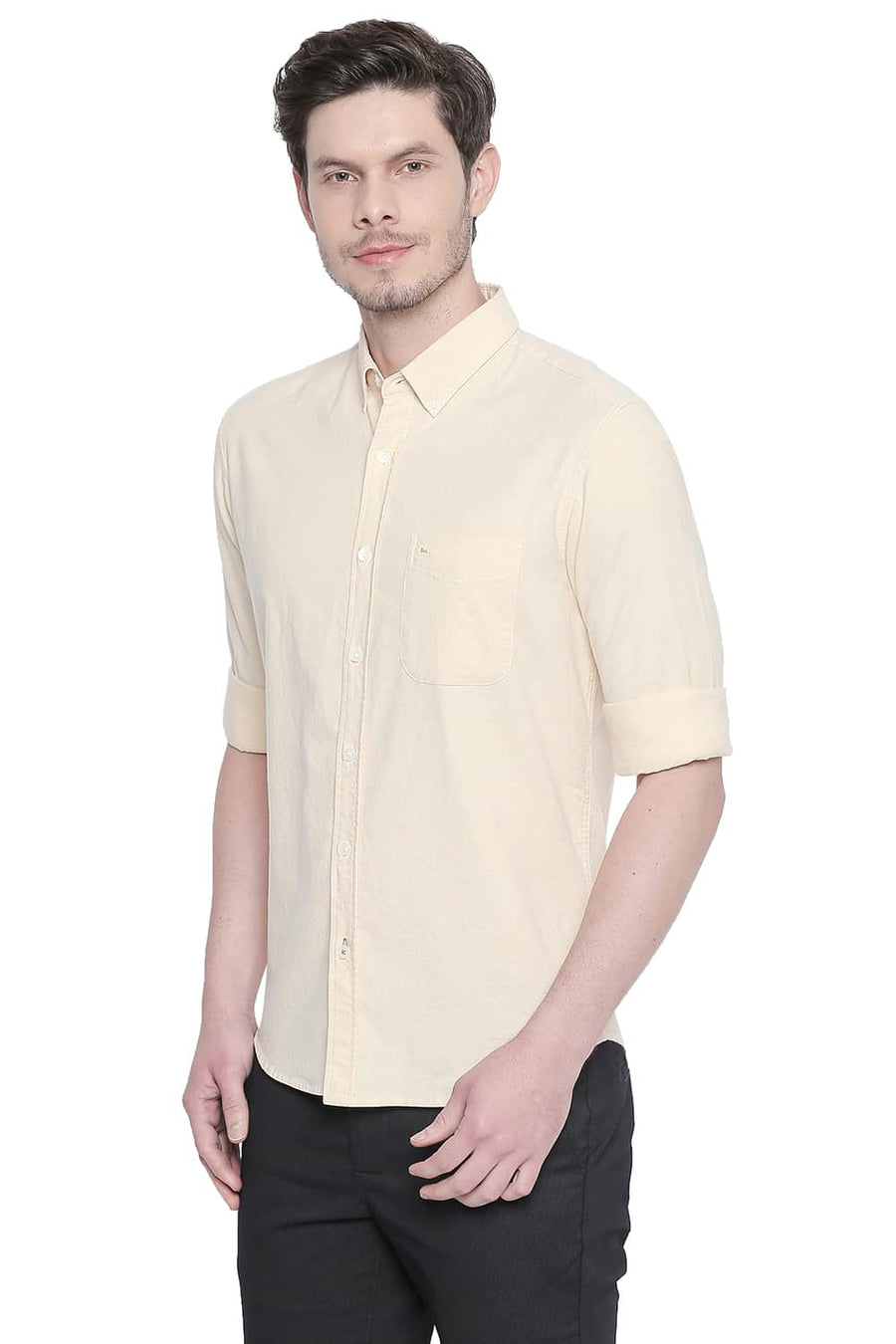 BASICS SLIM FIT PEAR YELLOW OXFORD STRETCH SHIRT